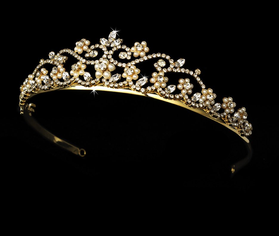 Ivory Pearl and Rhinestone in Gold Setting Quinceanera Tiara