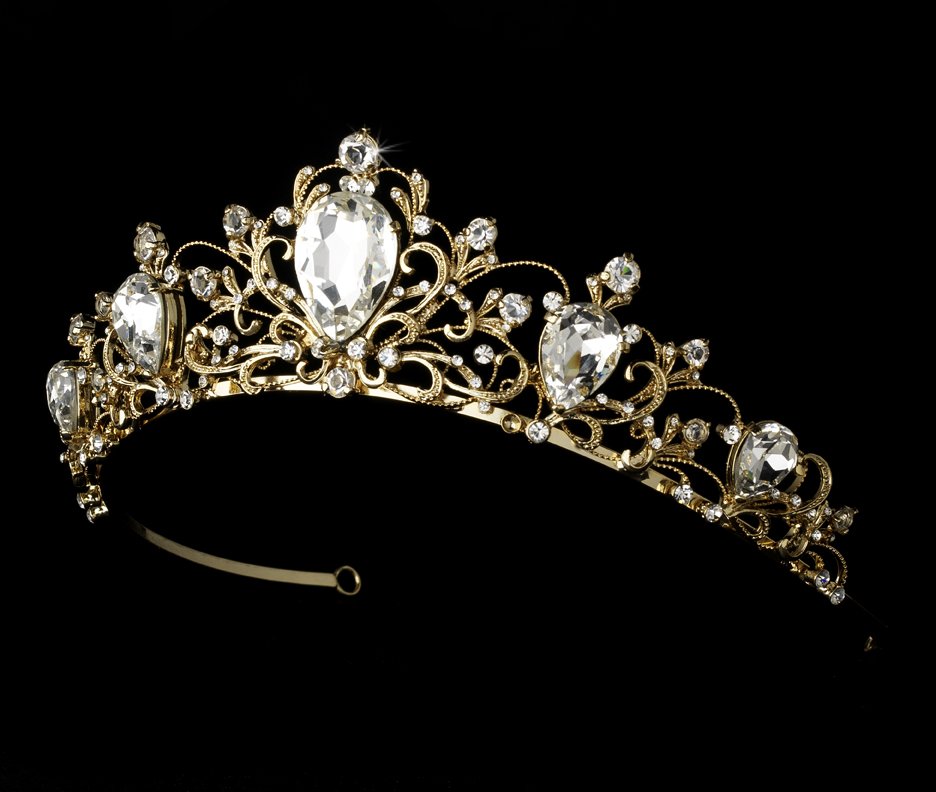 Gold Plated Tiara Rhinestone Headpiece for Quinceanera, Mis Quince Anos, Prom