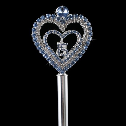 Blue Heart Quinceanera Scepter Silver with Blue Rhinestones