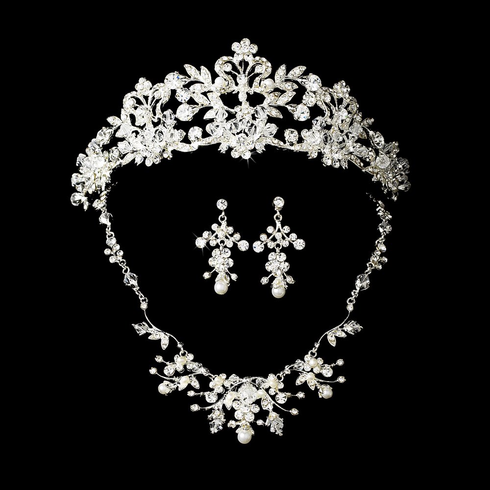 Dazzling Pearl and Crystal Tiara and Jewelry Set for Quinceanera, Mis Quince Anos