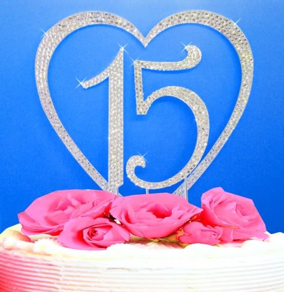 Crystal Covered Heart and 15 Quineanera Birthday Cake Topper