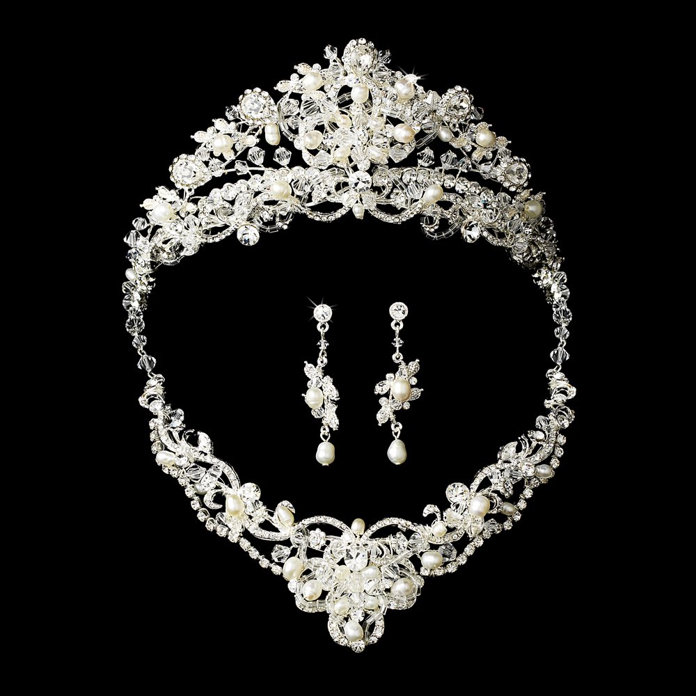 Swarovski Crystal & Freshwater Pearls Necklace, Earring & Tiara Set for Mis Quince Anos, Quinceanera