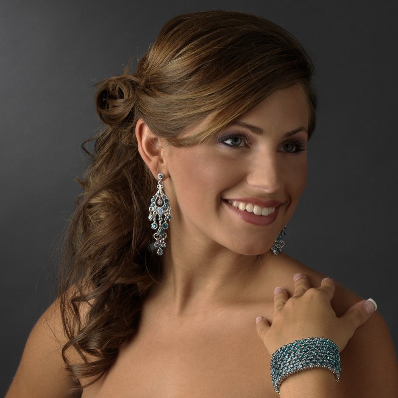 Sparkling Teal Crystal Bracelet and Earrings for Wedding, Bridal