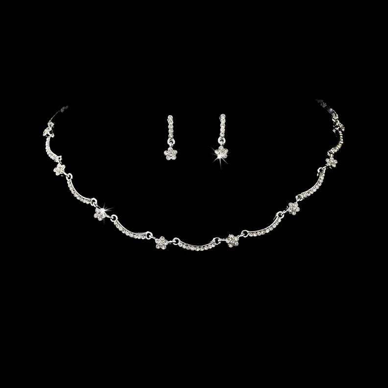 Silver Clear Crystal Flower Necklace, Earring and Bracelet Set for First Communion, Flower Girl