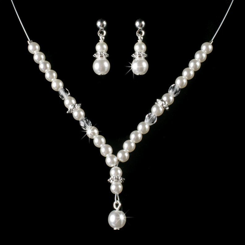 Silver Plated Pearl drop Necklace, Earring Set for First Communion, Flower Girl