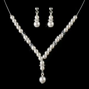 Silver Plated Pearl drop Necklace, Earring Set for First Communion, Flower Girl