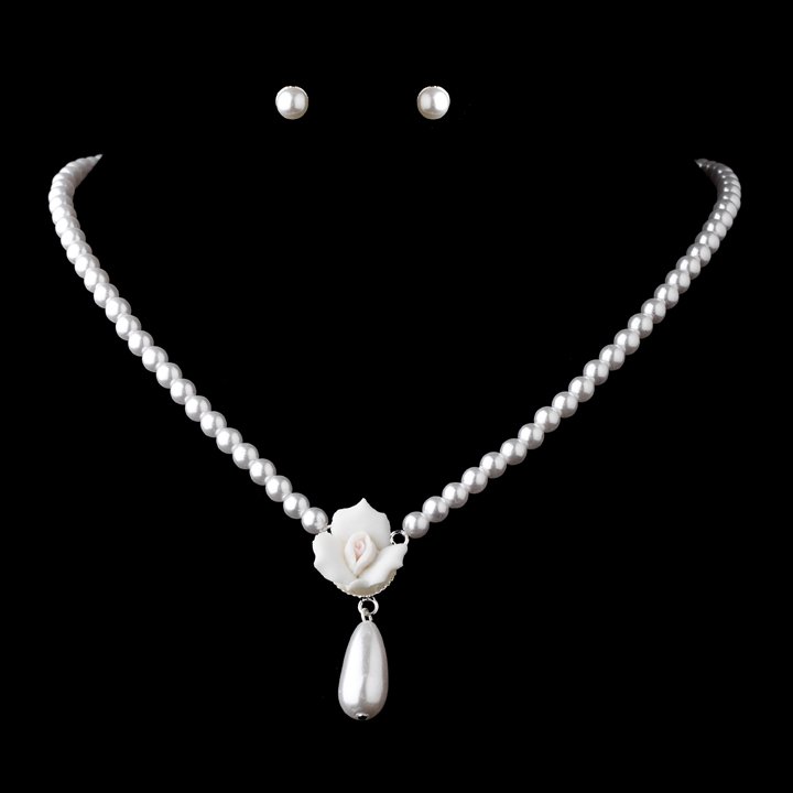 Pearl Necklace with White Porcelain Rose for First Communion, Flower Girl