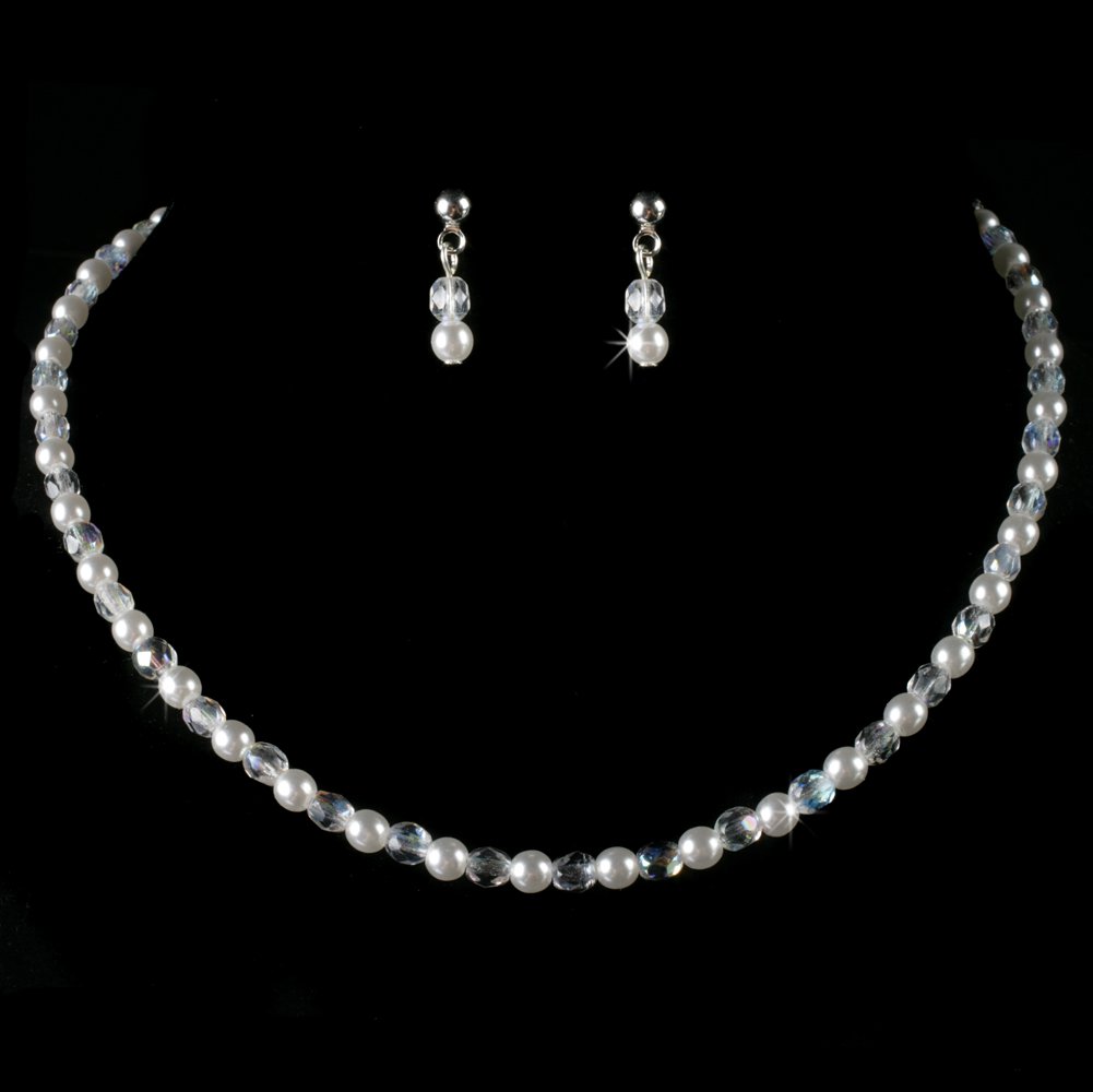 Precious Pearl and AB Crystal Necklace and Earring Set for First Communion, Flower Girl