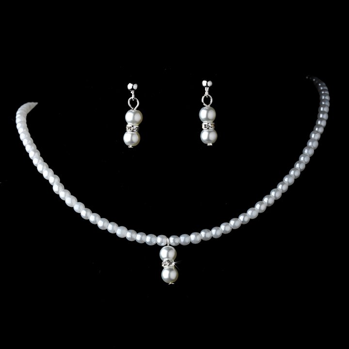 Lovely Children's Silver White Pearl Necklace & Earring Set for First Communion, Flower Girl