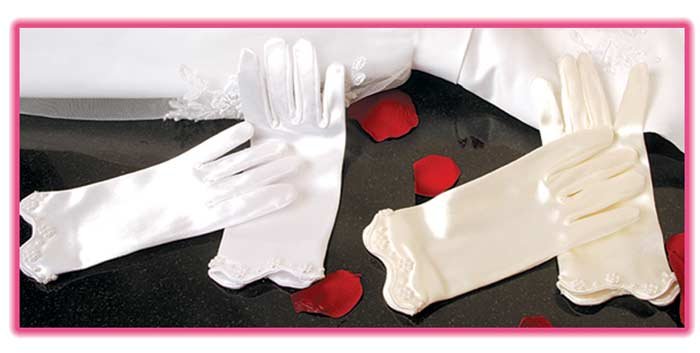 Girl's Satin Wrist Length Glove with Pearl Accents for First Communion, Flower Girl