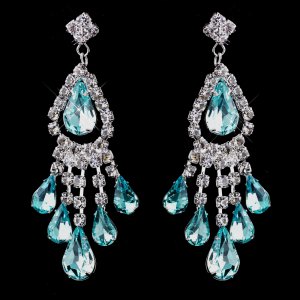 6 Pair of Aqua Rhinestone Earrings for Quinceanera or Mis Quince Anos Damas
