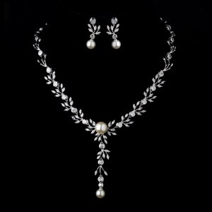 Silver Ivory Pearl & Clear CZ Crystal Necklace & Earrings