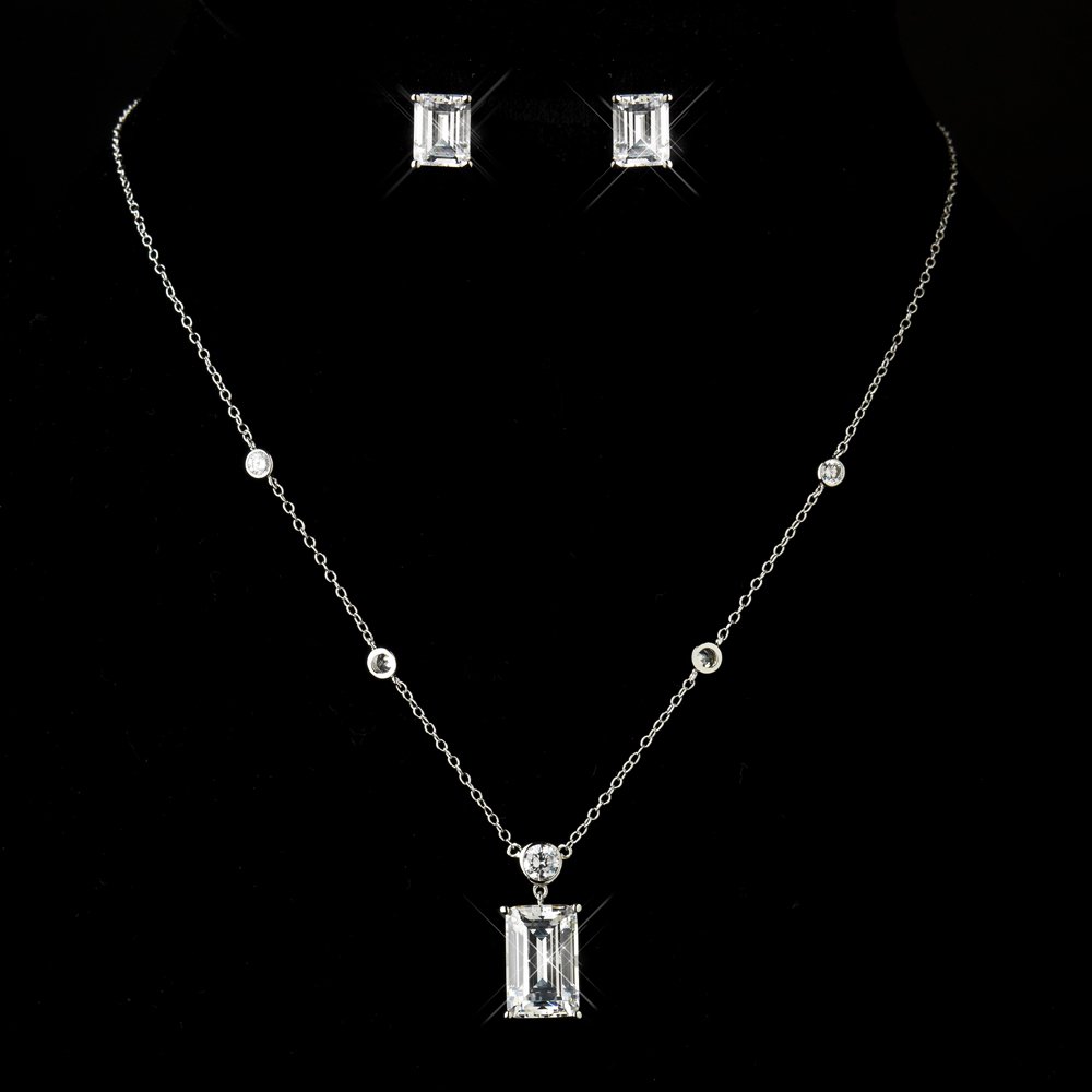 Antique Silver Clear Emerald Cut CZ Crystal & Rhinestone Necklace