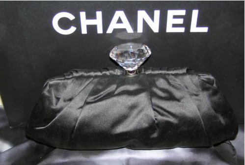 CHANEL CRYSTAL DIAMOND CC CLASP BLACK SILK CLUTCH BAG