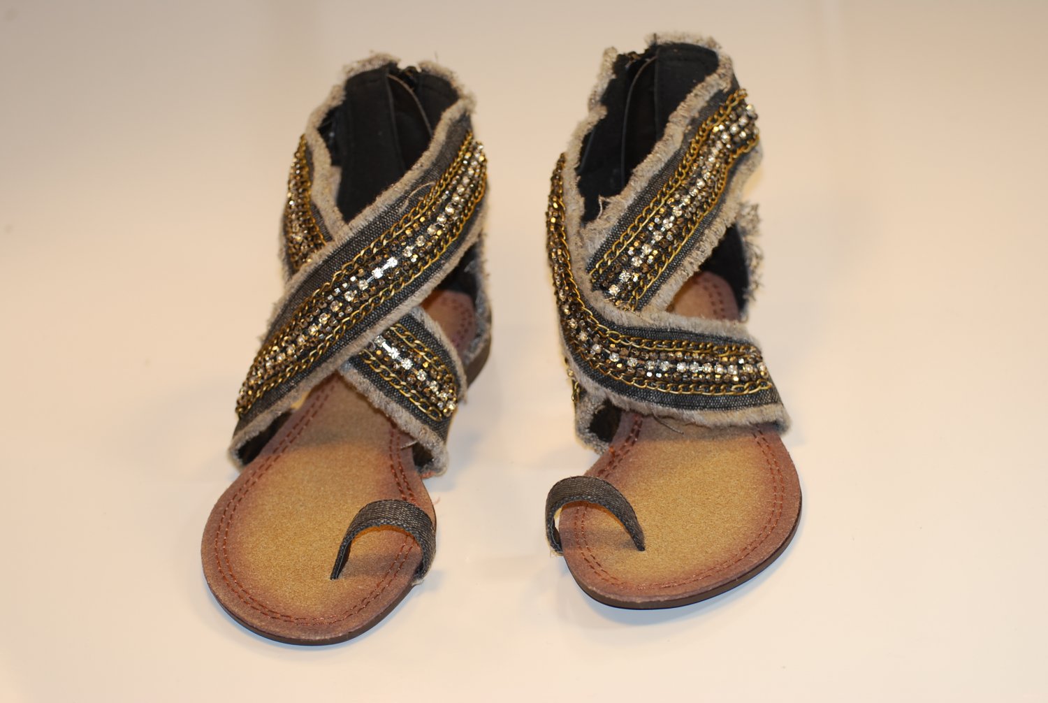 Sexy Womens Rhinestones Denim Sandals Toe Ring Flats v8