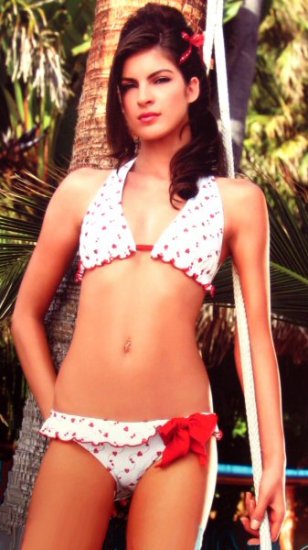 Embroidered Contrast Eyelet Halter Bikini with Ruffle Trim Bottom