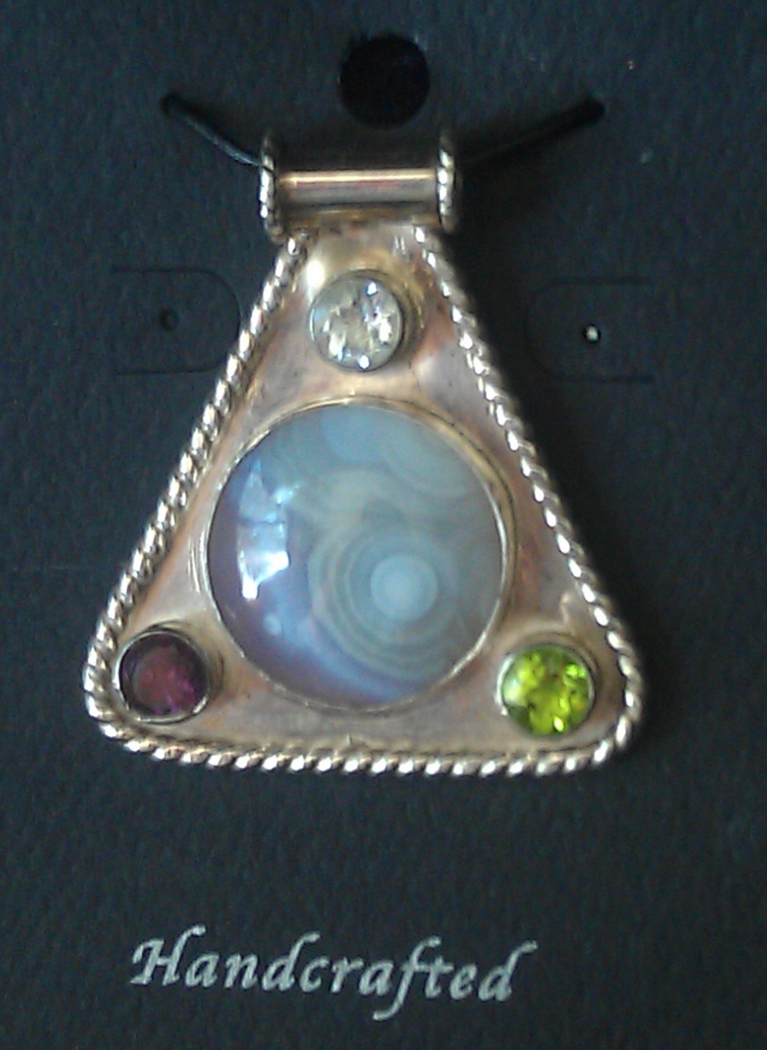 Silver Amethyst Peridot & Aquamarine w/ Agate Cabochon Pendant