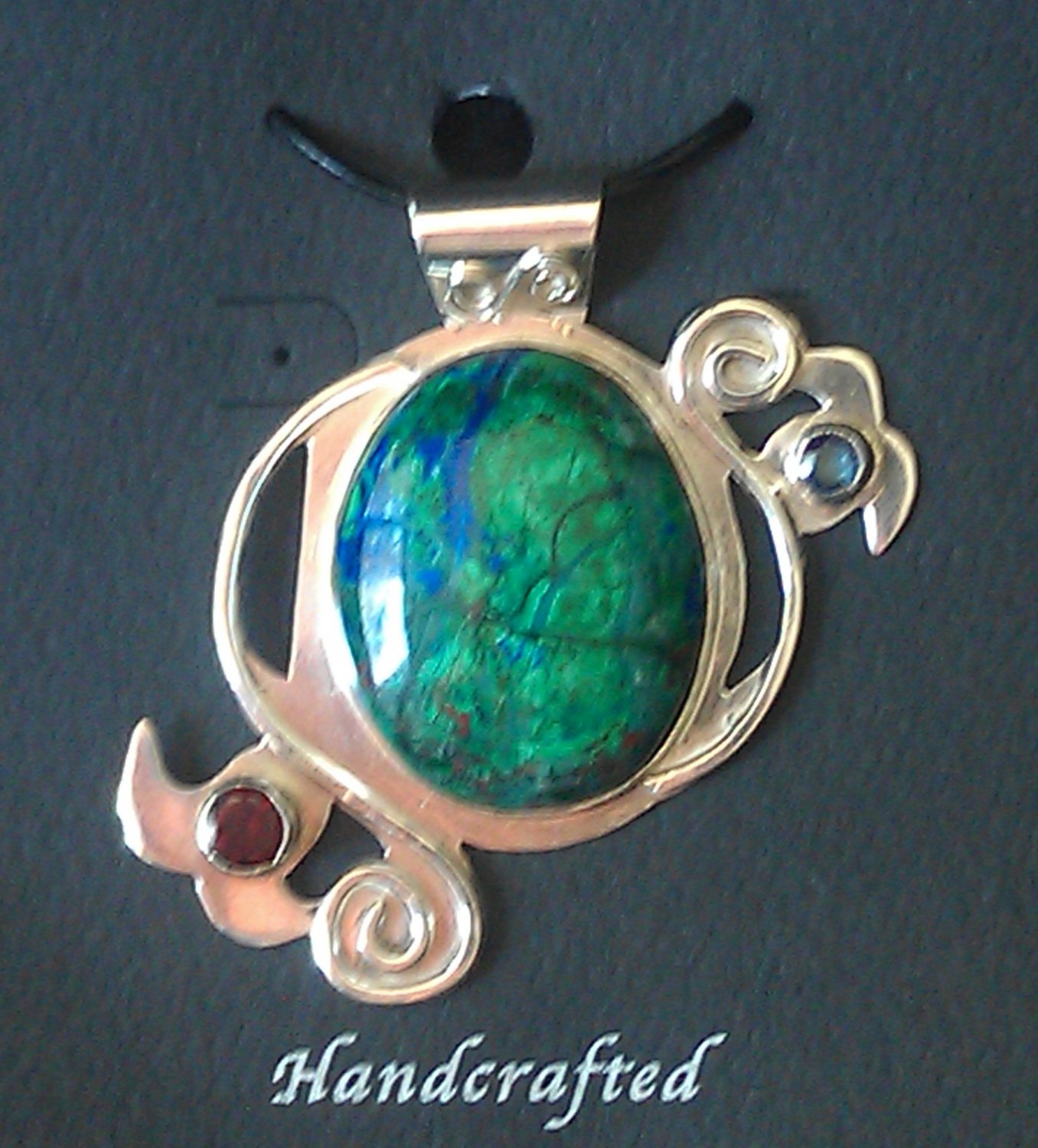 Sterling Silver Azurite & Malachite Cabochon w/ Garnet & Sapphire Pendant