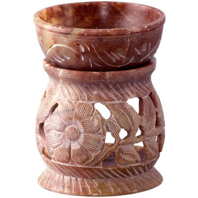 OIL BURNER - SOAPSTONE CARVED FLOWERS 3.5in.