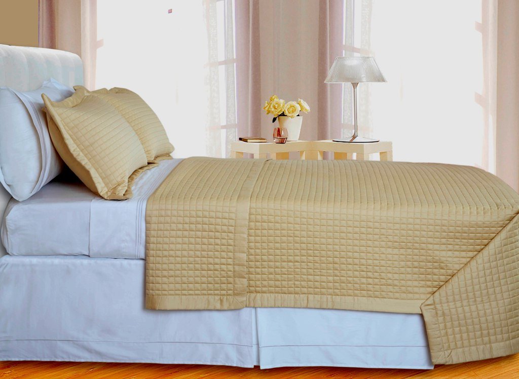 Reversible Coverlet Set 3PC Egyptian cotton 400-TC Gold Checkered