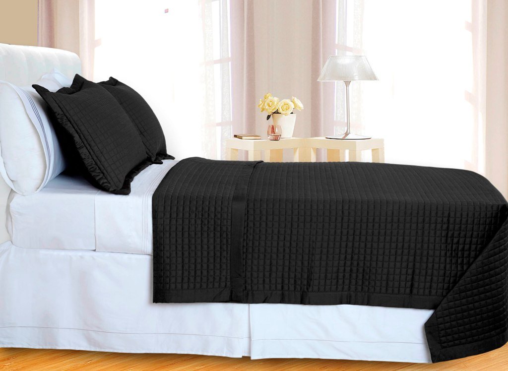 Black Checkered Coverlet Set 3PC Egyptian cotton 400 Thread count Reversible
