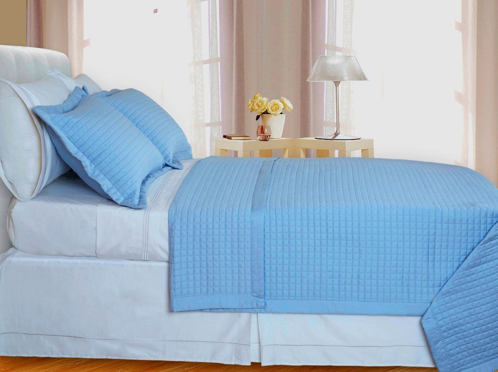 Lit-Blue Checkered Coverlet Set 3PC Egyptian cotton 400 Thread count Reversible