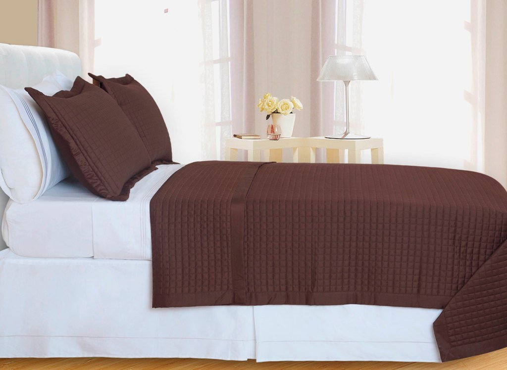 Chocolate Brown Checkered Coverlet Set Egyptian cotton 400 Thread count Reversible