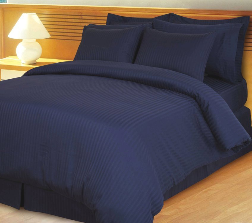 Navy Damask Stripe Down Alternative 4-pc Queen/Full Comforter Set, Egyptian 600 count