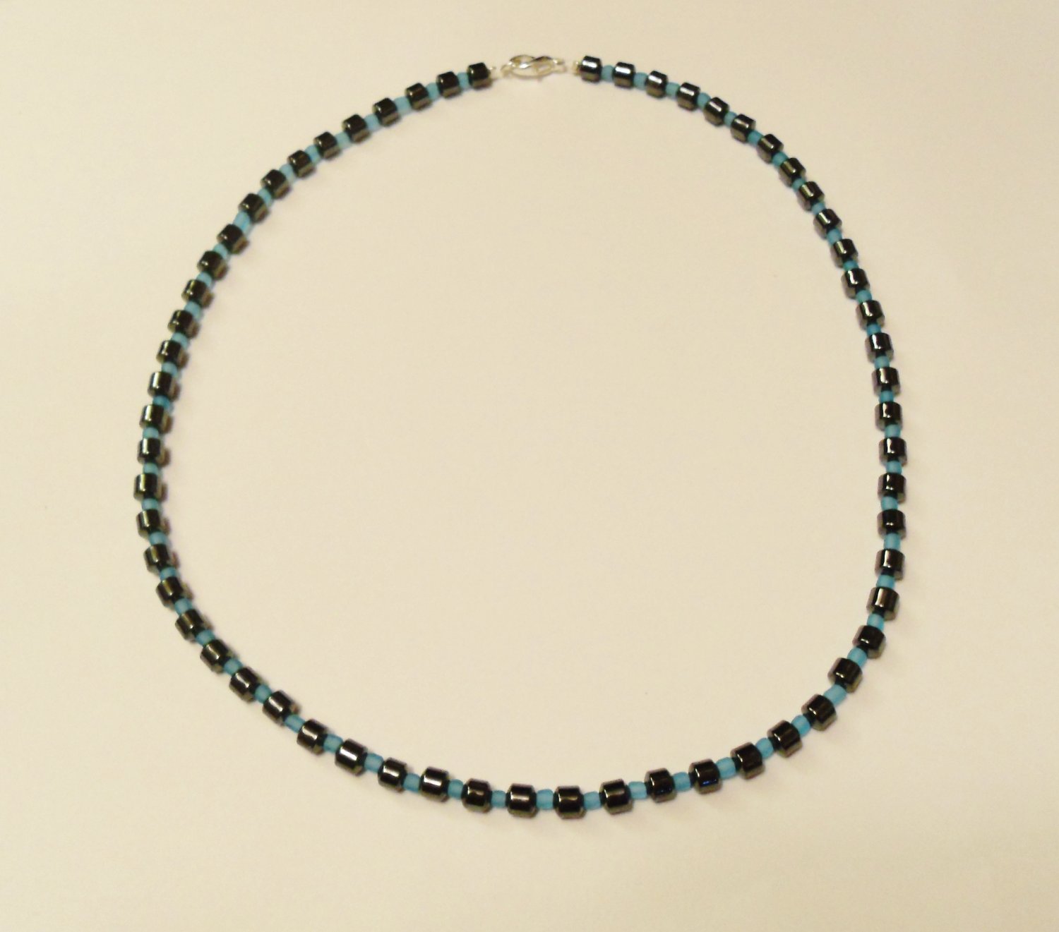 Hematite and opaque blue surfer necklace