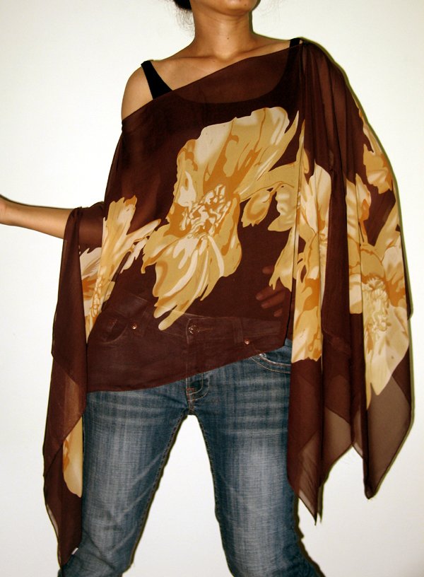 Floral Scarf Caftan Wing Casual Beachcover or Poncho Top
