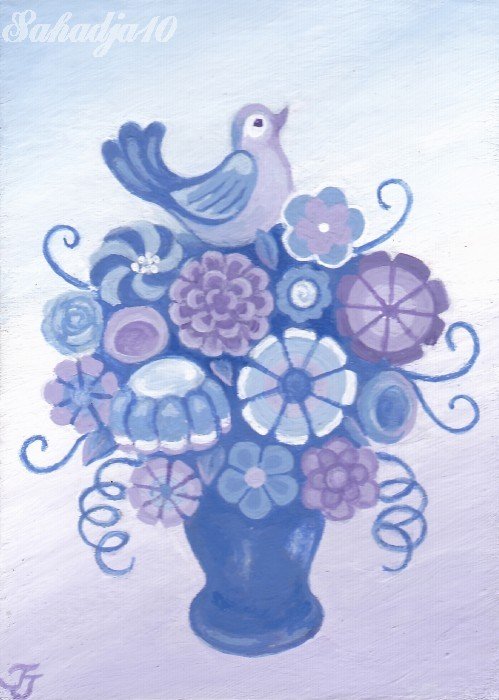Fllowers Bird ACEO Original Fantasy Painting by Sahadja10 Tj