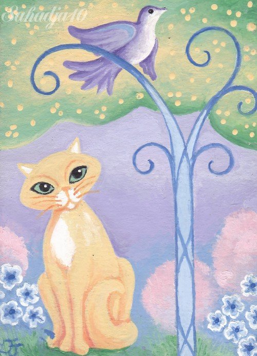 Cat and Bird ACEO Original Fantasy Painting by Tj Nichols-Sahadja10