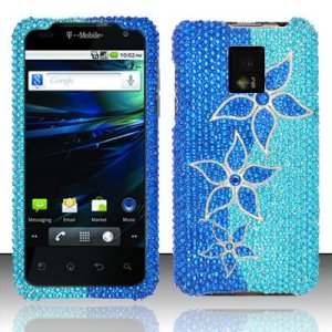 Hard Plastic Bling Rhinestone Design Case for LG Optimus G2x - Blue Flowers