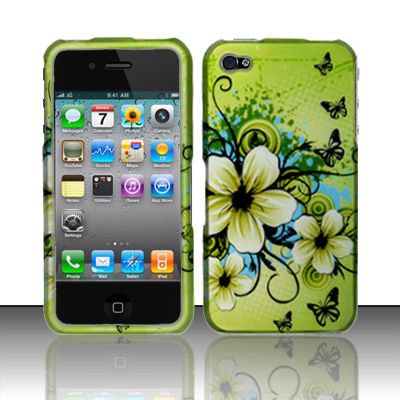 Hard Plastic Rubber Feel Design Case for Apple iPhone 4/4S - Green Flower and Butterfly
