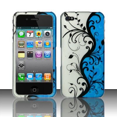Hard Plastic Rubber Feel Design Case for Apple iPhone 4/4S - Silver and Blue Vines
