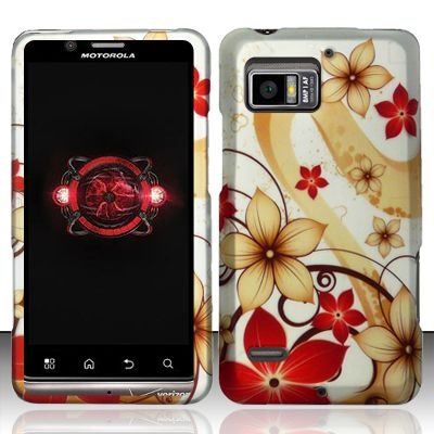 Hard Plastic Rubber Feel Design Case for Motorola Droid Bionic Targa XT875 - Red and Gold Flowers