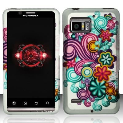 Hard Plastic Rubber Feel Design Case for Motorola Droid Bionic Targa XT875 - Purple and Blue Flowers