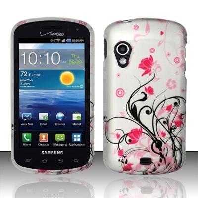 Hard Plastic Rubber Feel Design Case for Samsung Stratosphere i405 - Silver and Pink Flowers