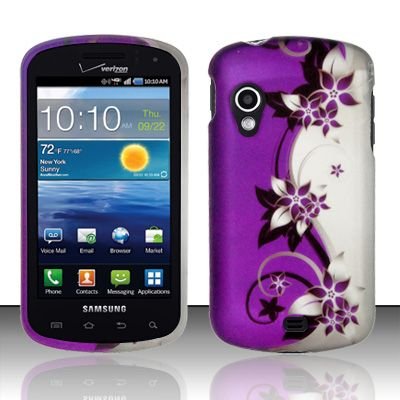 Hard Plastic Rubber Feel Design Case for Samsung Stratosphere i405 - Silver and Purple Vines