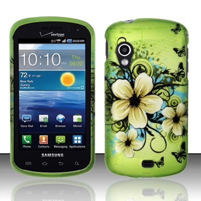 Hard Plastic Rubber Feel Design Case for Samsung Stratosphere i405 - Green Flowers and Butterfly