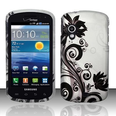 Hard Plastic Rubber Feel Design Case for Samsung Stratosphere i405 - Silver and Black Vines