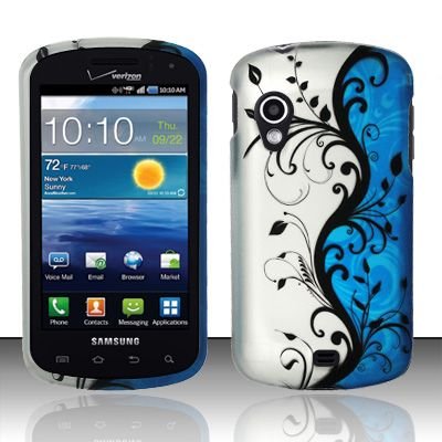 Hard Plastic Rubber Feel Design Case for Samsung Stratosphere i405 - Silver and Blue Vines