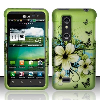 Hard Plastic Rubber Feel Design Case for LG Thrill 4G - Green Flowers and Butterfly