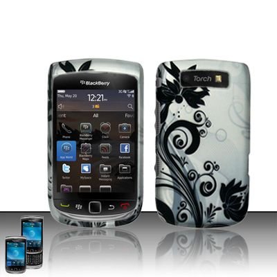 Hard Plastic Rubber Feel Design Case for Blackberry Torch 9800 - Silver and Black Vines