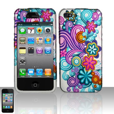 Hard Plastic Rubber Feel Design Case for Apple iPhone 4/4S - Purple and Blue Flowers