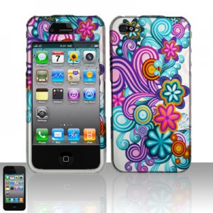 Hard Plastic Rubber Feel Design Case for Apple iPhone 4/4S - Purple and Blue Flowers