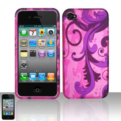 Hard Plastic Rubber Feel Design Case for Apple iPhone 4/4S - Purple Vines
