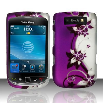 Hard Plastic Rubber Feel Design Case for Blackberry Torch 9800 - Silver and Purple Vines