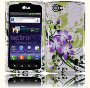Hard Plastic 2-Piece (Snap On) Design Case for LG Optimus M Plus MS695 - Green and Purple Lily
