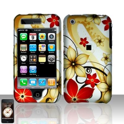 Hard Rubber Feel Plastic Design Case For Apple iPhone 3g/3gs - Red and Gold Flowers